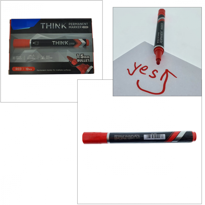 Set 12 markere permanente rosii, THINK U100, cu varf rotund 1.5MM, pentru scris pe orice suprafata [4]
