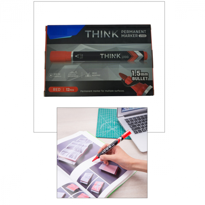 Set 12 markere permanente rosii, THINK U100, cu varf rotund 1.5MM, pentru scris pe orice suprafata [5]