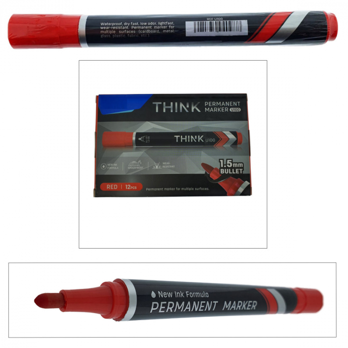Set 12 markere permanente rosii, THINK U100, cu varf rotund 1.5MM, pentru scris pe orice suprafata [3]