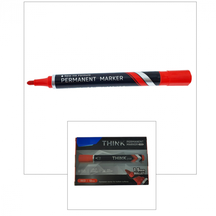 Set 12 markere permanente rosii, THINK U100, cu varf rotund 1.5MM, pentru scris pe orice suprafata [2]