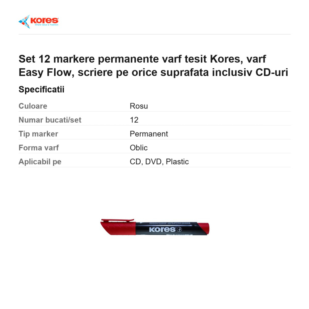 Set 12 markere permanente varf tesit Kores, varf Easy Flow, scriere pe orice suprafata inclusiv CD-uri [3]