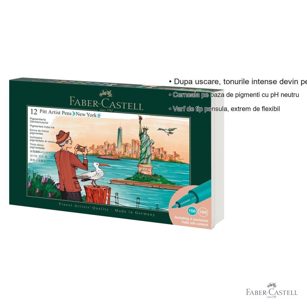 Set 12 markere Pitt Artist Pen Faber-Castell, varf pensula flexibil, editie Cities New York, pentru ilustratie si arta [3]