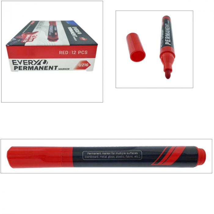 Set 12 markere rosii permanente cu varf rotund 2.5mm, rezistente la apa, scriere lina, model Everyday U216, lungime 145 mm, cu capac [2]