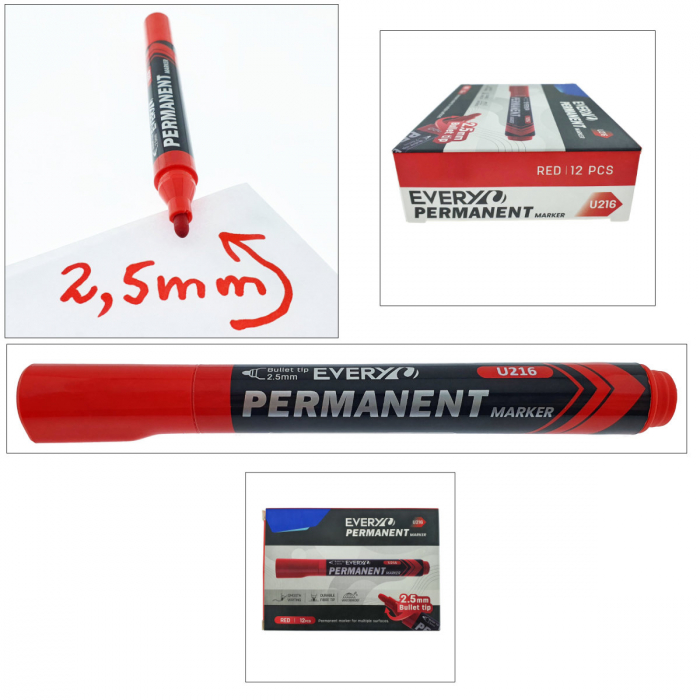 Set 12 markere rosii permanente cu varf rotund 2.5mm, rezistente la apa, scriere lina, model Everyday U216, lungime 145 mm, cu capac [3]