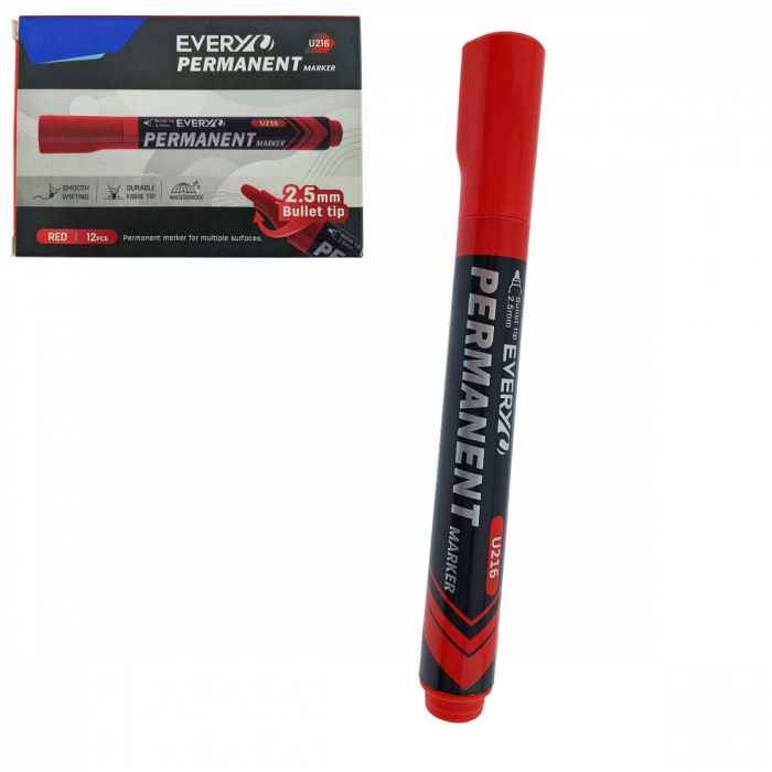 Set 12 markere rosii permanente cu varf rotund 2.5mm, rezistente la apa, scriere lina, model Everyday U216, lungime 145 mm, cu capac [1]
