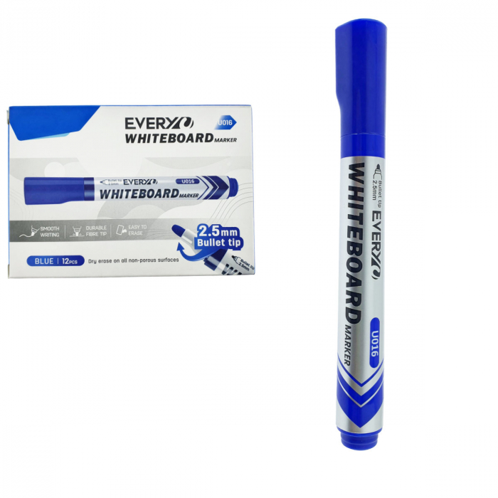 Set 12 markere whiteboard albastre, varf rotund 2.5 mm, scriere lina, model Everyday 016, lungime 144 mm, stergere uscata, pentru tabla de scris, melaminat, sticla si alte suprafete neporoase [1]