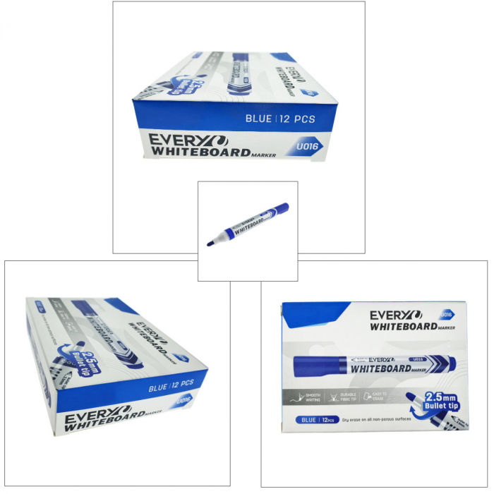 Set 12 markere whiteboard albastre, varf rotund 2.5 mm, scriere lina, model Everyday 016, lungime 144 mm, stergere uscata, pentru tabla de scris, melaminat, sticla si alte suprafete neporoase [5]
