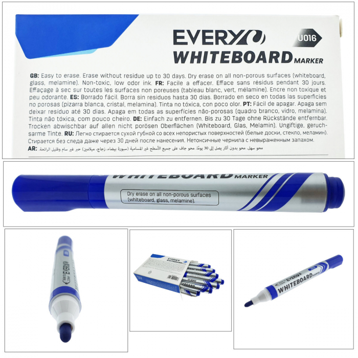 Set 12 markere whiteboard albastre, varf rotund 2.5 mm, scriere lina, model Everyday 016, lungime 144 mm, stergere uscata, pentru tabla de scris, melaminat, sticla si alte suprafete neporoase [3]