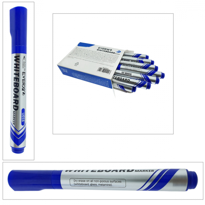 Set 12 markere whiteboard albastre, varf rotund 2.5 mm, scriere lina, model Everyday 016, lungime 144 mm, stergere uscata, pentru tabla de scris, melaminat, sticla si alte suprafete neporoase [4]