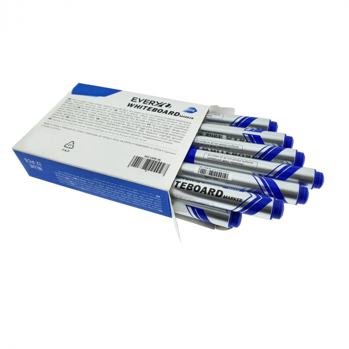 Set 12 markere whiteboard albastre, varf rotund 2.5 mm, scriere lina, model Everyday 016, lungime 144 mm, stergere uscata, pentru tabla de scris, melaminat, sticla si alte suprafete neporoase [2]