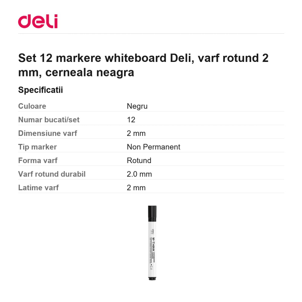 Set 12 markere whiteboard Deli, varf rotund 2 mm, cerneala neagra [3]