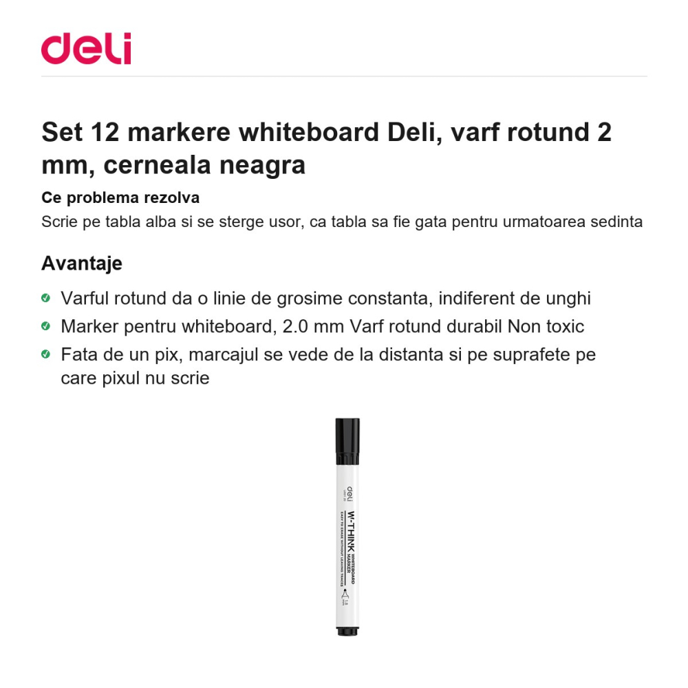 Set 12 markere whiteboard Deli, varf rotund 2 mm, cerneala neagra [2]