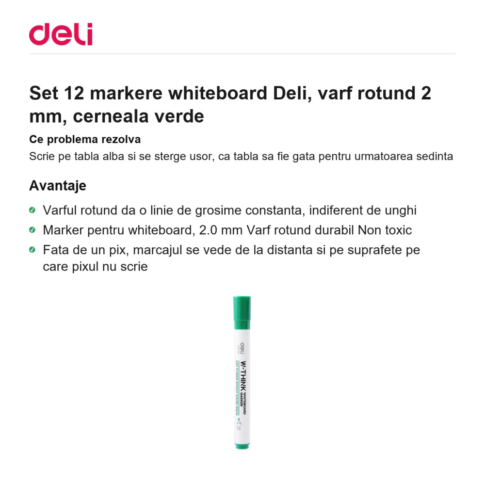 Set 12 markere whiteboard Deli, varf rotund 2 mm, cerneala verde [2]