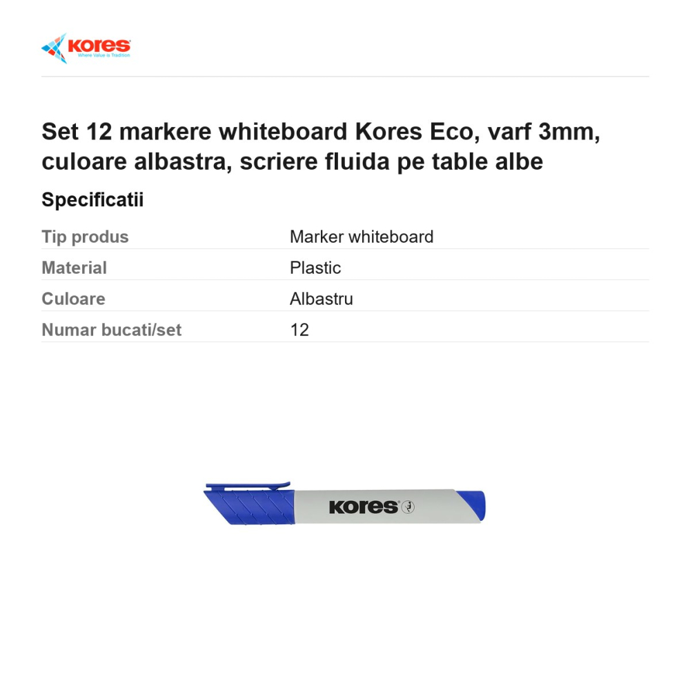 Set 12 markere whiteboard Kores Eco, varf 3mm, culoare albastra, scriere fluida pe table albe [3]