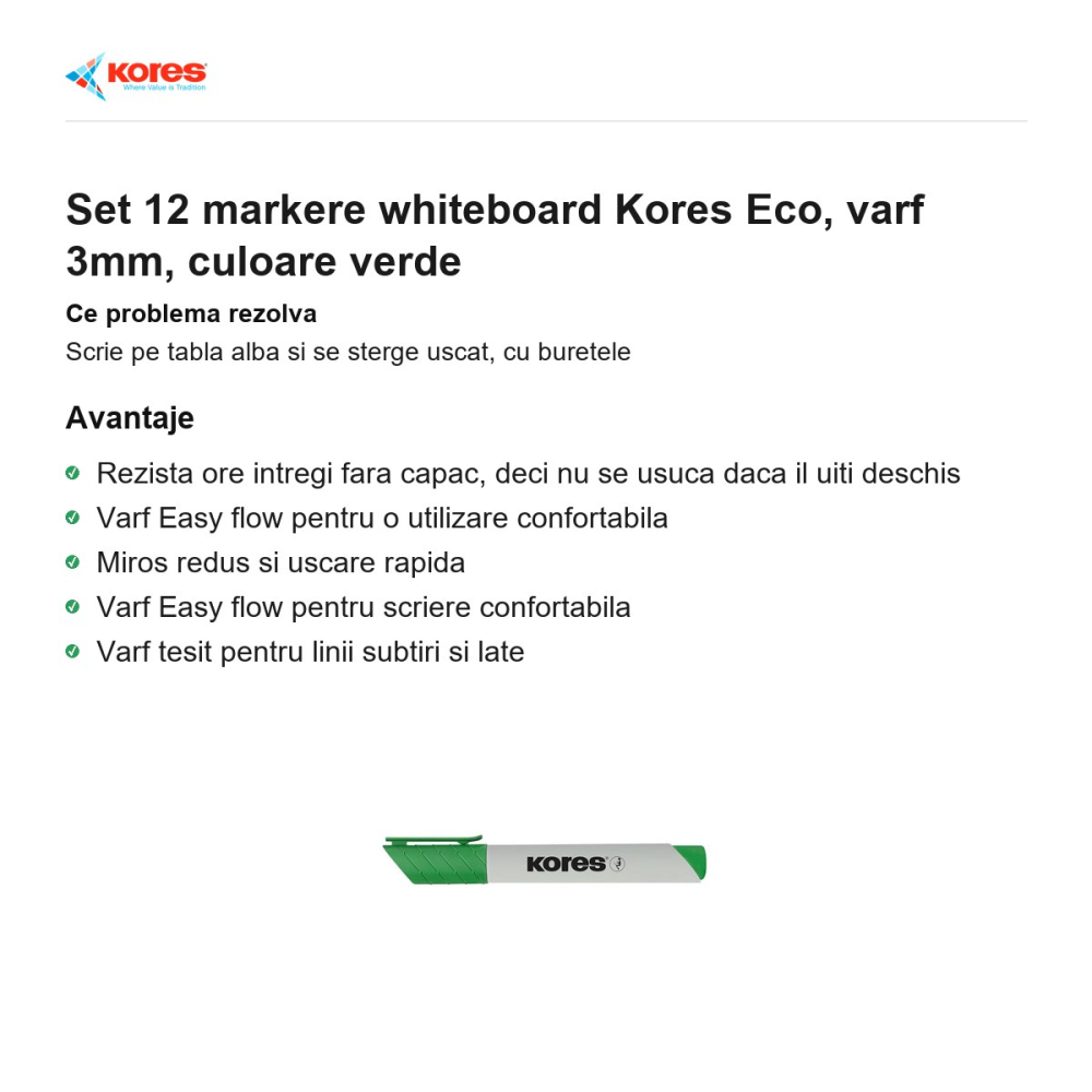 Set 12 markere whiteboard Kores Eco, varf 3mm, culoare verde [2]