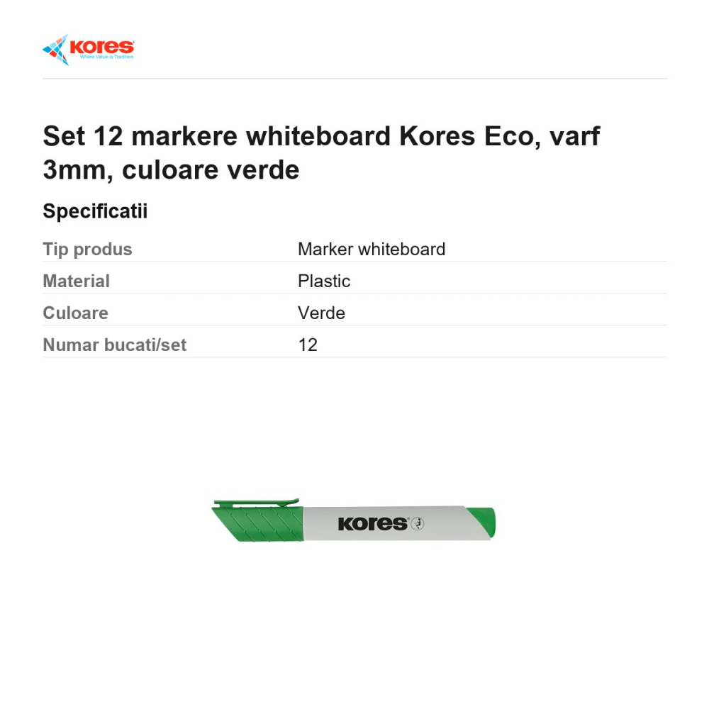 Set 12 markere whiteboard Kores Eco, varf 3mm, culoare verde [3]