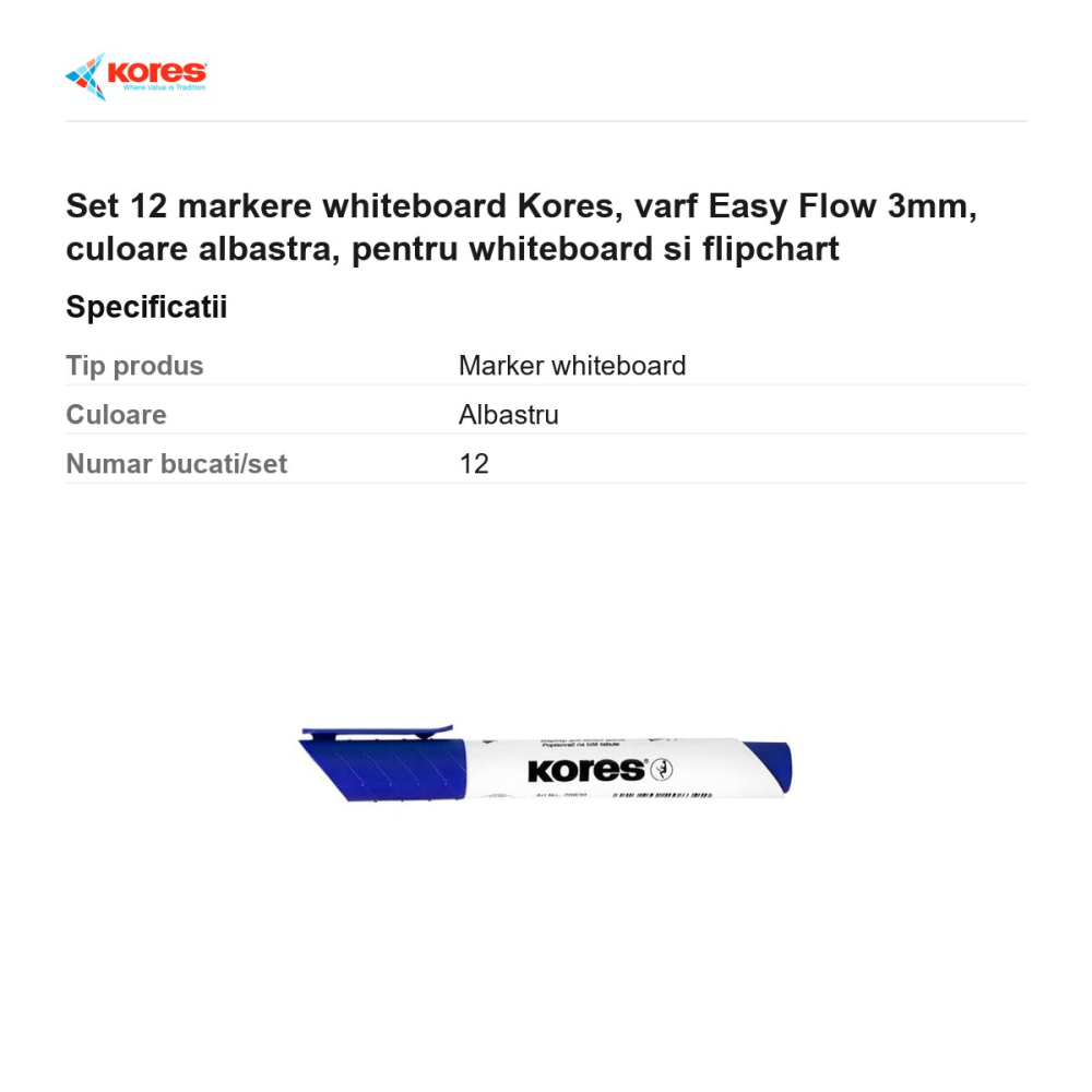 Set 12 markere whiteboard Kores, varf Easy Flow 3mm, culoare albastra, pentru whiteboard si flipchart [3]