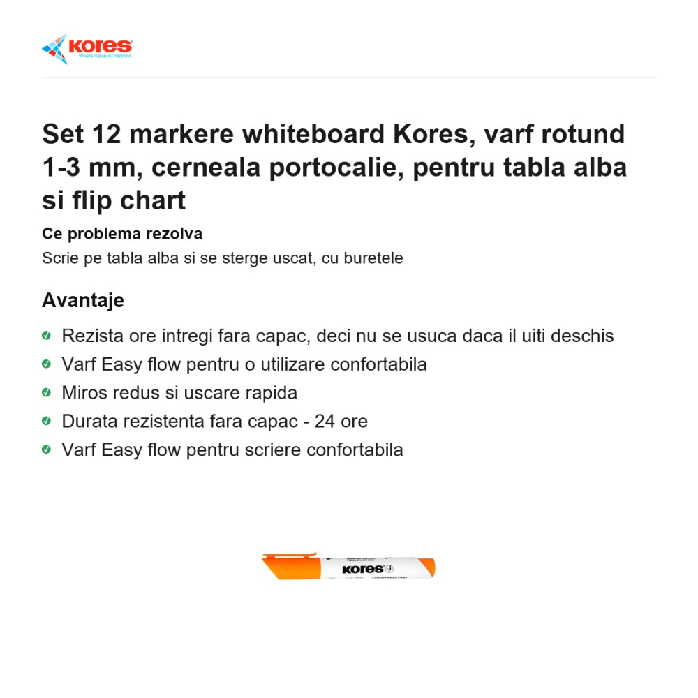 Set 12 markere whiteboard Kores, varf rotund 1-3 mm, cerneala portocalie, pentru tabla alba si flip chart [2]