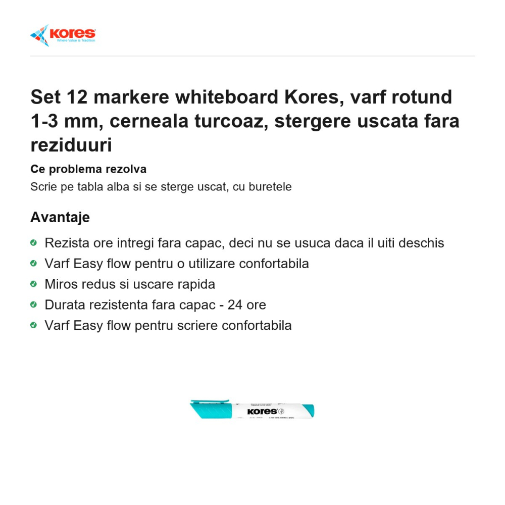 Set 12 markere whiteboard Kores, varf rotund 1-3 mm, cerneala turcoaz, stergere uscata fara reziduuri [2]