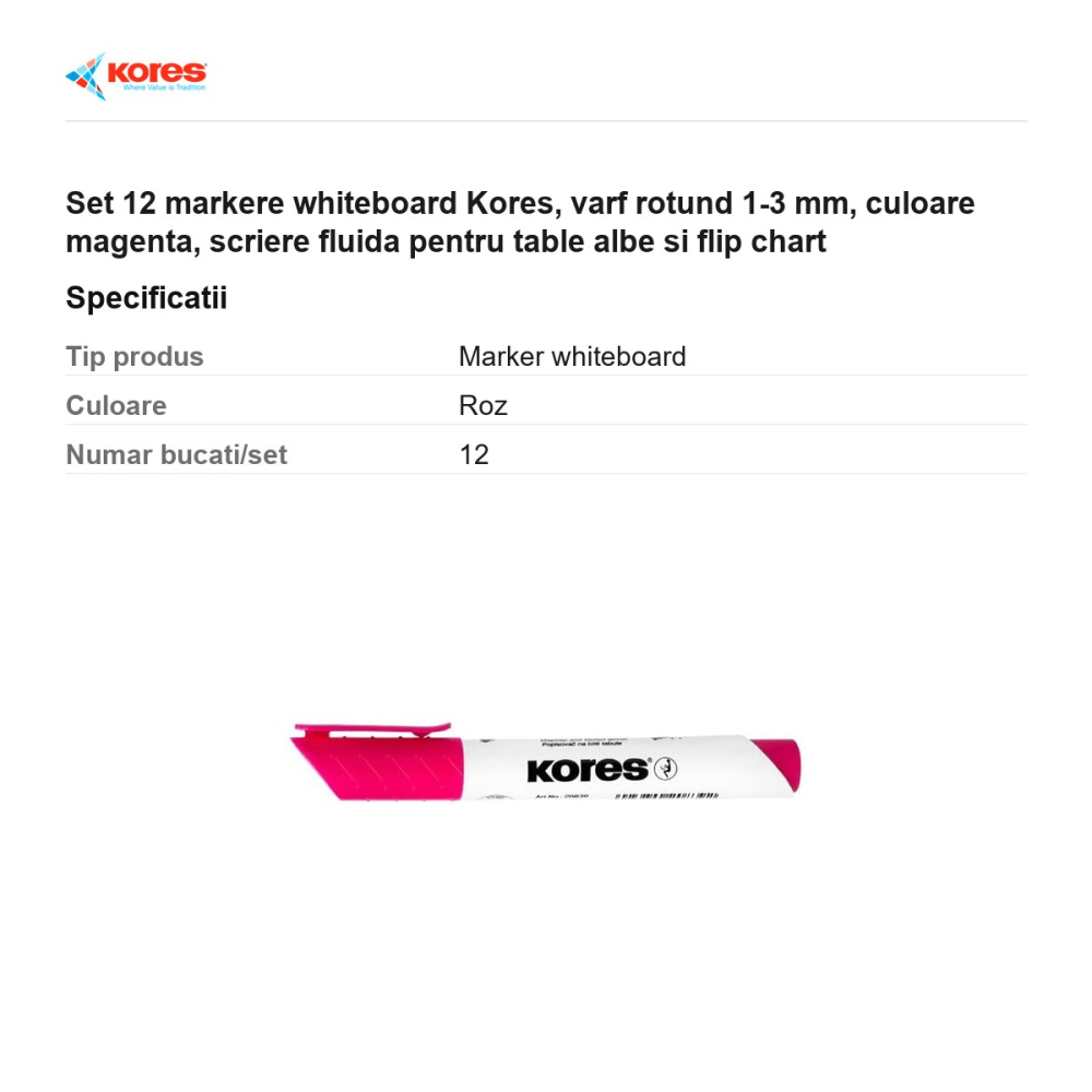 Set 12 markere whiteboard Kores, varf rotund 1-3 mm, culoare magenta, scriere fluida pentru table albe si flip chart [3]