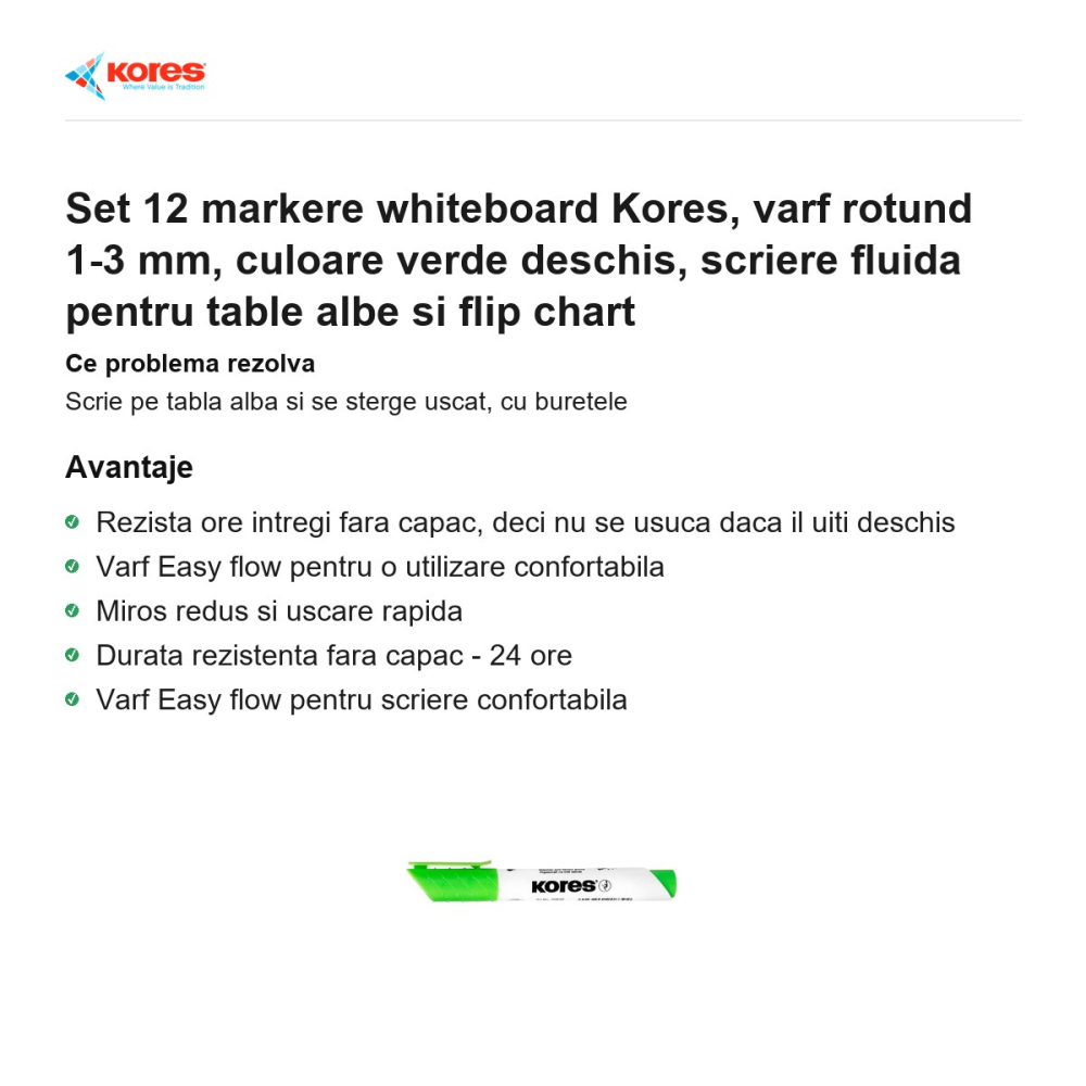 Set 12 markere whiteboard Kores, varf rotund 1-3 mm, culoare verde deschis, scriere fluida pentru table albe si flip chart [2]