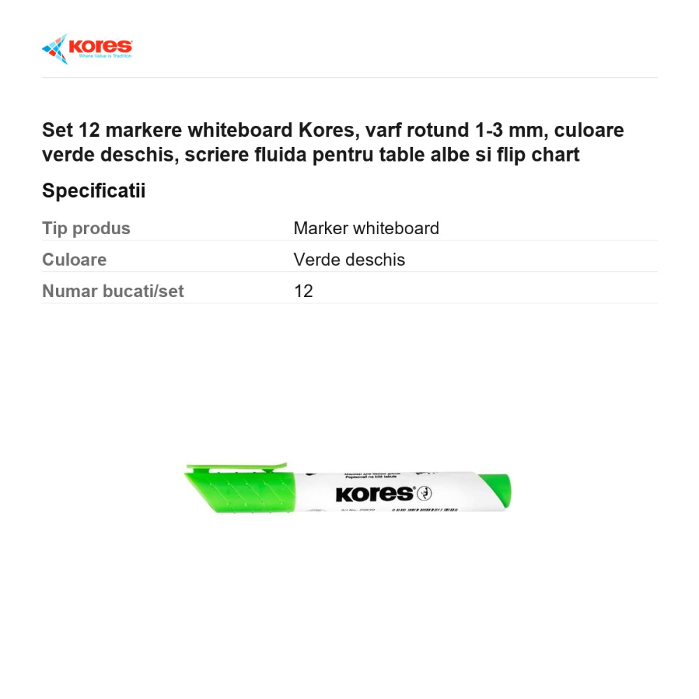 Set 12 markere whiteboard Kores, varf rotund 1-3 mm, culoare verde deschis, scriere fluida pentru table albe si flip chart [3]