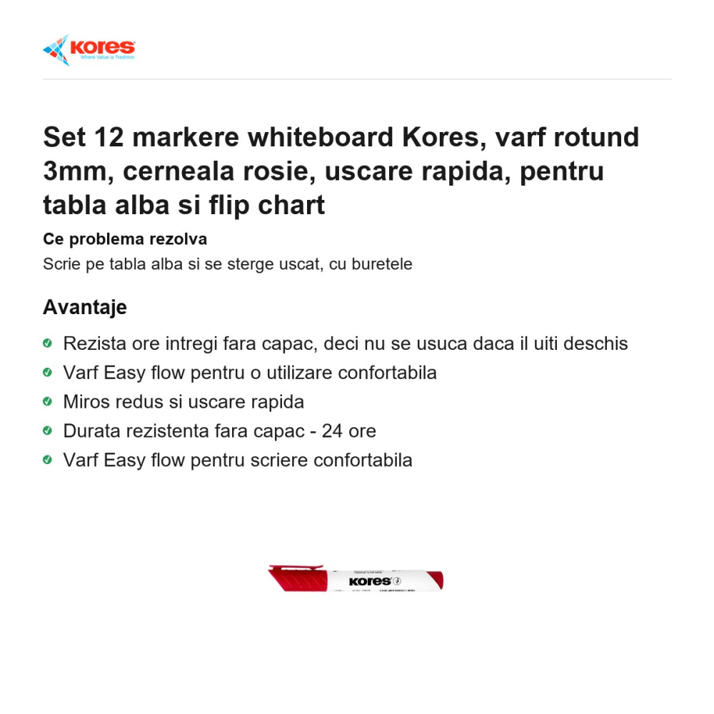 Set 12 markere whiteboard Kores, varf rotund 3mm, cerneala rosie, uscare rapida, pentru tabla alba si flip chart [2]