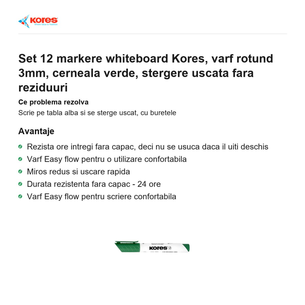 Set 12 markere whiteboard Kores, varf rotund 3mm, cerneala verde, stergere uscata fara reziduuri [2]
