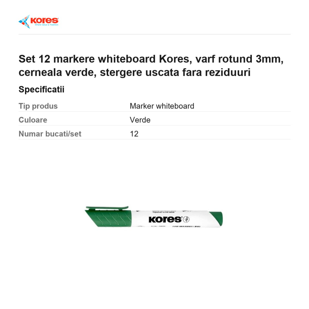 Set 12 markere whiteboard Kores, varf rotund 3mm, cerneala verde, stergere uscata fara reziduuri [3]