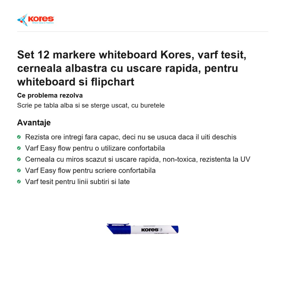 Set 12 markere whiteboard Kores, varf tesit, cerneala albastra cu uscare rapida, pentru whiteboard si flipchart [2]