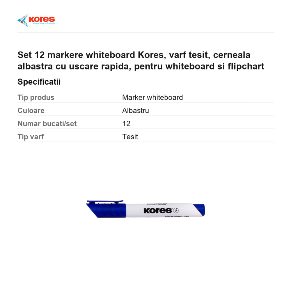 Set 12 markere whiteboard Kores, varf tesit, cerneala albastra cu uscare rapida, pentru whiteboard si flipchart [3]