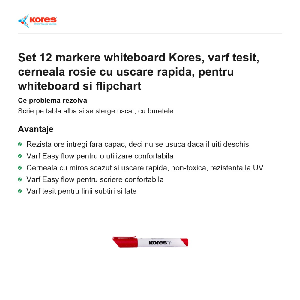 Set 12 markere whiteboard Kores, varf tesit, cerneala rosie cu uscare rapida, pentru whiteboard si flipchart [2]