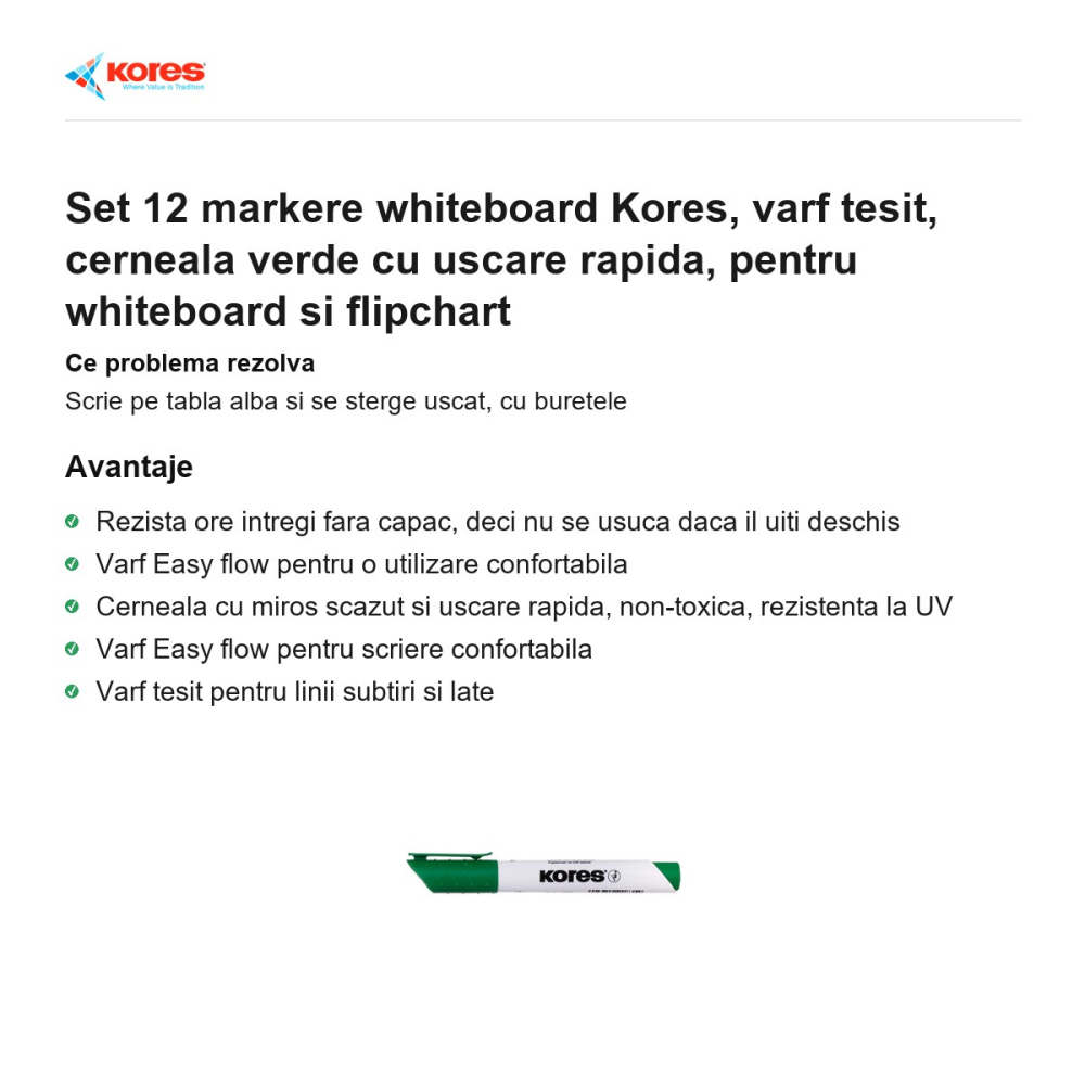 Set 12 markere whiteboard Kores, varf tesit, cerneala verde cu uscare rapida, pentru whiteboard si flipchart [2]