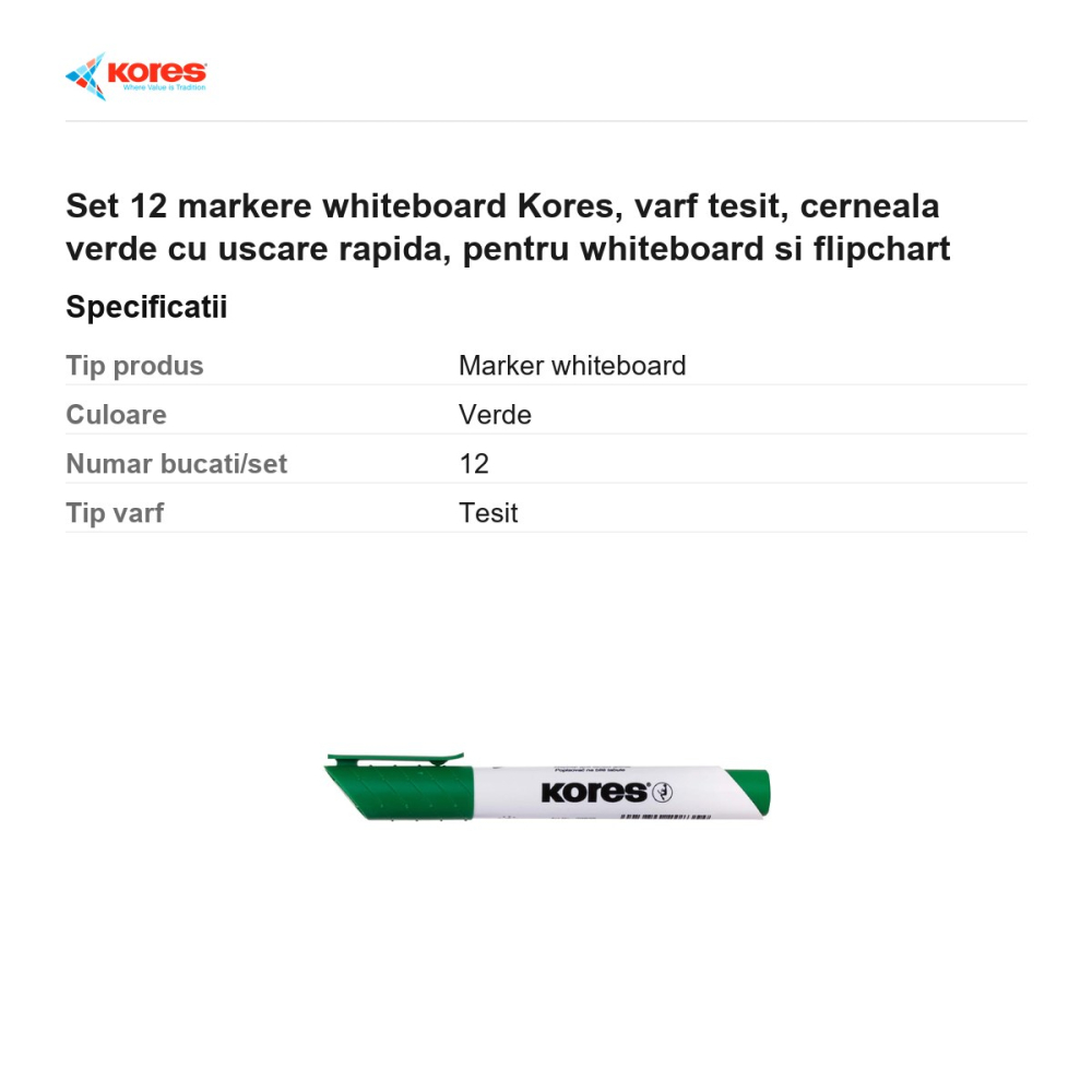 Set 12 markere whiteboard Kores, varf tesit, cerneala verde cu uscare rapida, pentru whiteboard si flipchart [3]