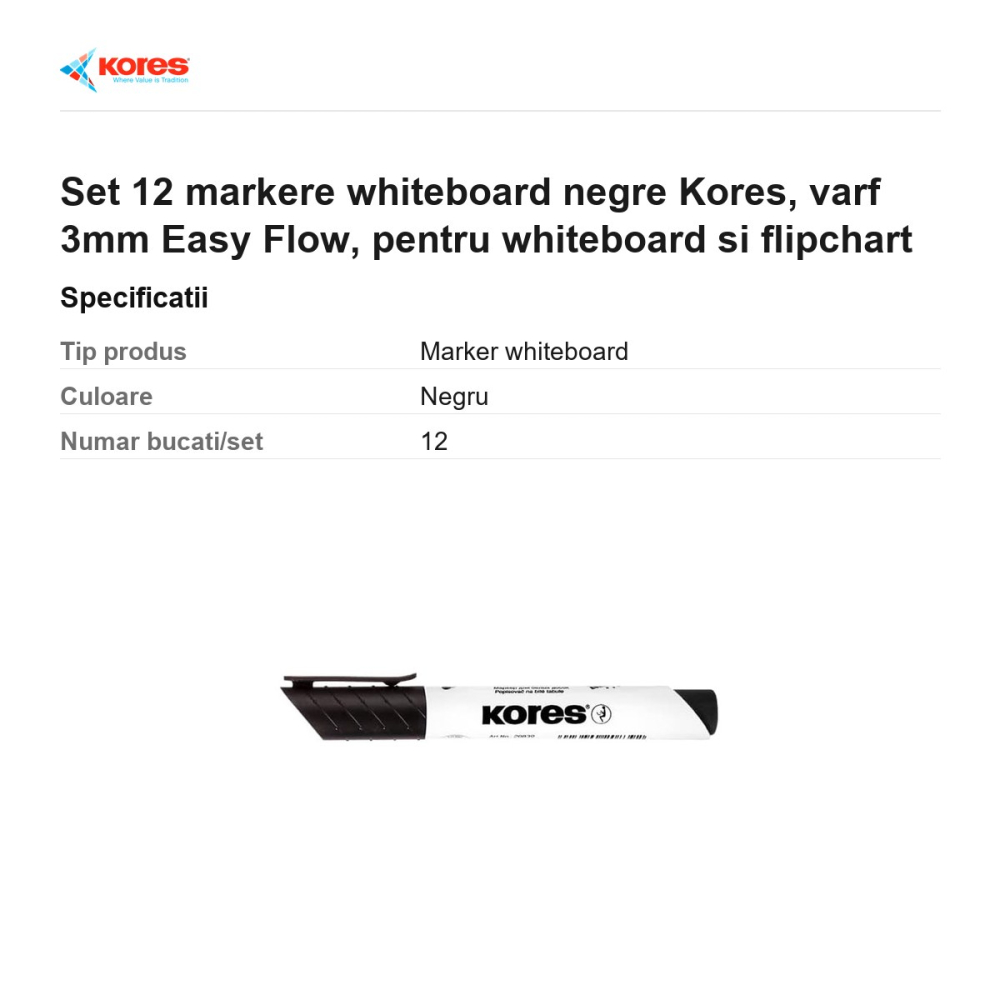 Set 12 markere whiteboard negre Kores, varf 3mm Easy Flow, pentru whiteboard si flipchart [3]