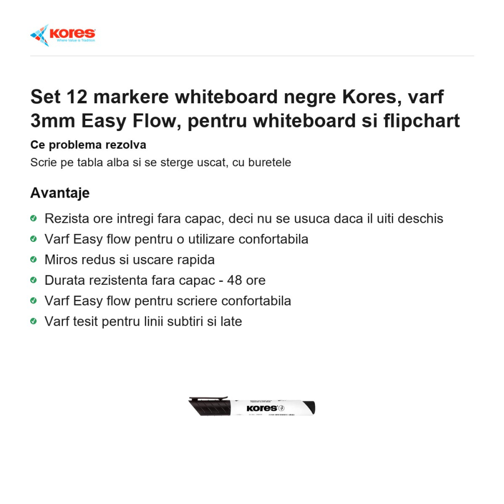 Set 12 markere whiteboard negre Kores, varf 3mm Easy Flow, pentru whiteboard si flipchart [2]