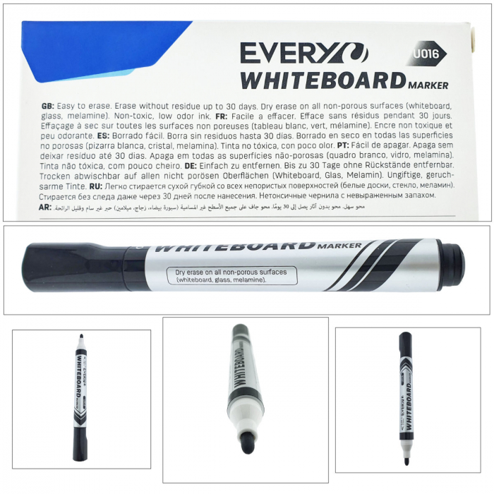 Set 12 markere whiteboard negre, varf rotund 2.5 mm, scriere lina, model Everyday 016, lungime 144 mm, stergere uscata, pentru tabla de scris, melaminat, sticla si alte suprafete neporoase [3]