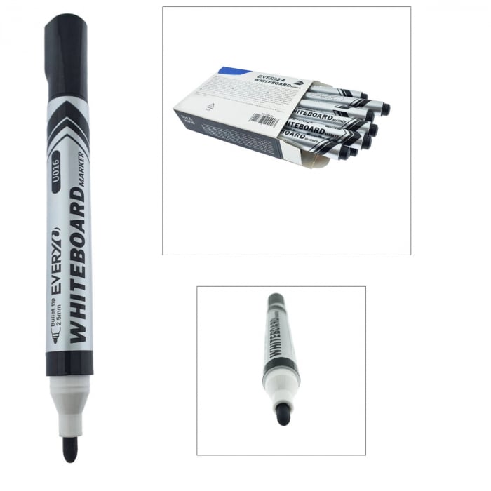 Set 12 markere whiteboard negre, varf rotund 2.5 mm, scriere lina, model Everyday 016, lungime 144 mm, stergere uscata, pentru tabla de scris, melaminat, sticla si alte suprafete neporoase [4]