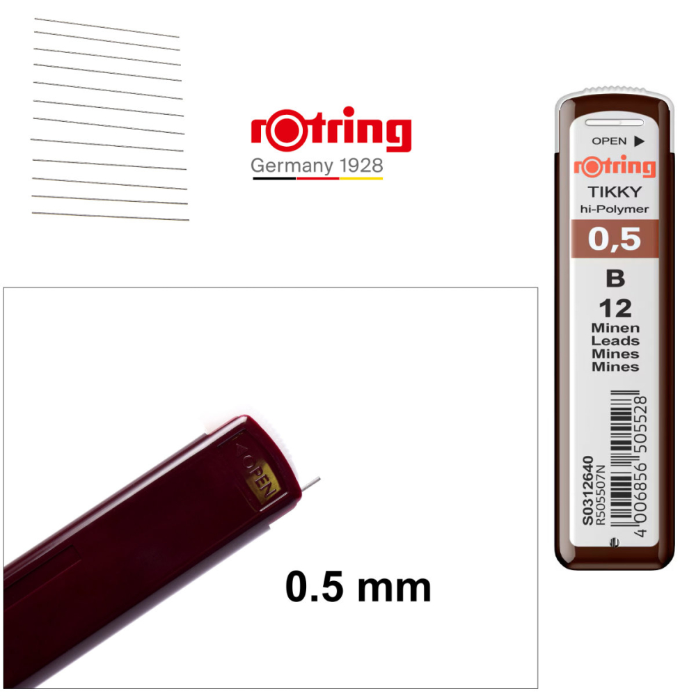 Set 12 mine creion 0.5mm B cu Rezistenta Extra la Rupere, pentru Desen Tehnic si Scriere Precisa, in Etui Protector Rotring [5]