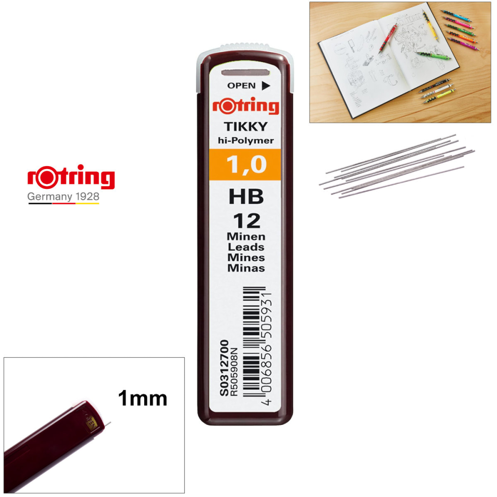 Set 12 mine creion 1.0mm HB cu Rezistenta Extra la Rupere, pentru Scriere si Schitare Rezistente, in Etui Protector Rotring [5]