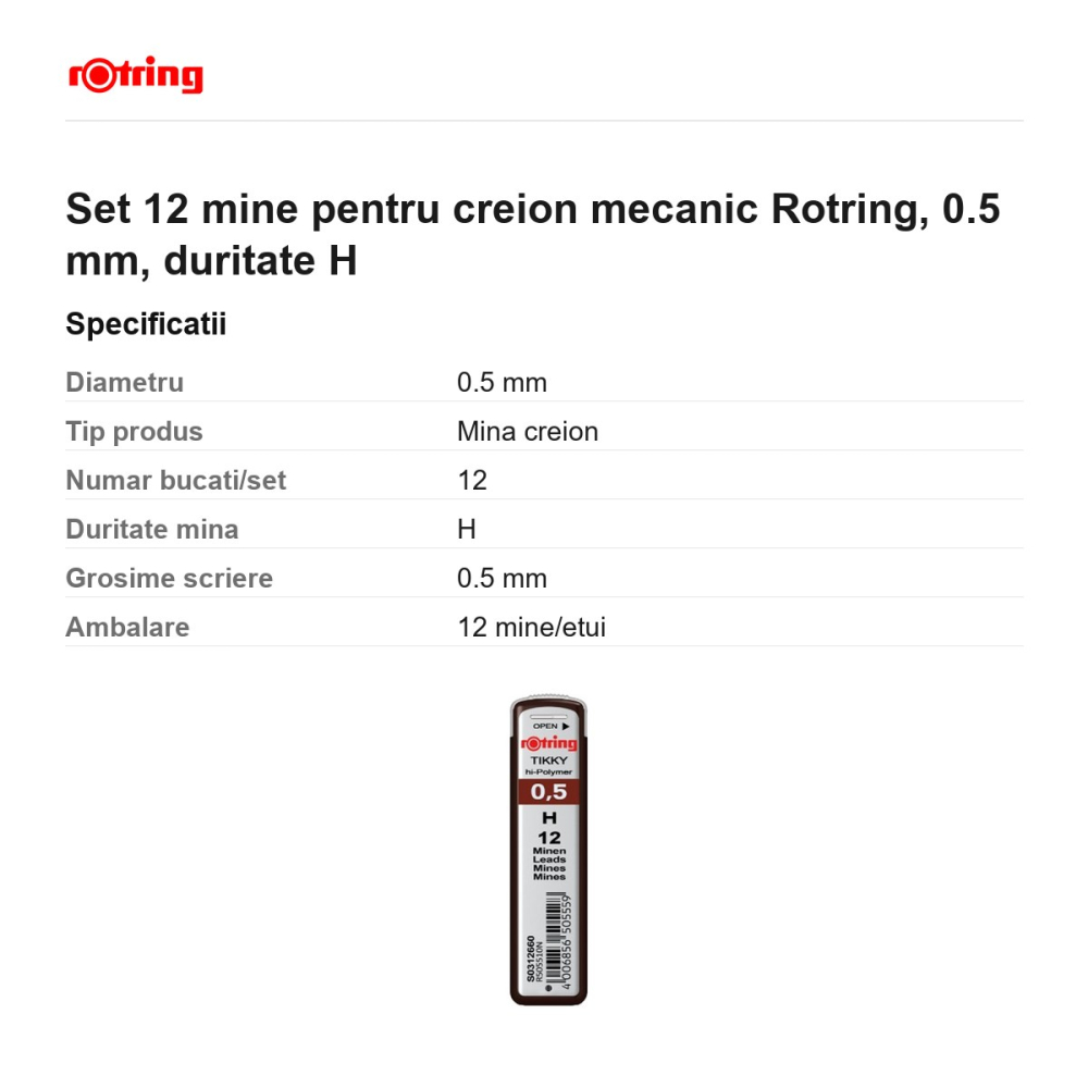 Set 12 mine pentru creion mecanic Rotring, 0.5 mm, duritate H [3]