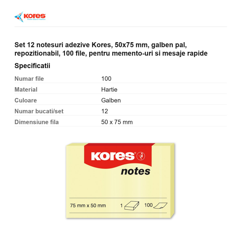 Set 12 notesuri adezive Kores, 50x75 mm, galben pal, repozitionabil, 100 file, pentru memento-uri si mesaje rapide [3]