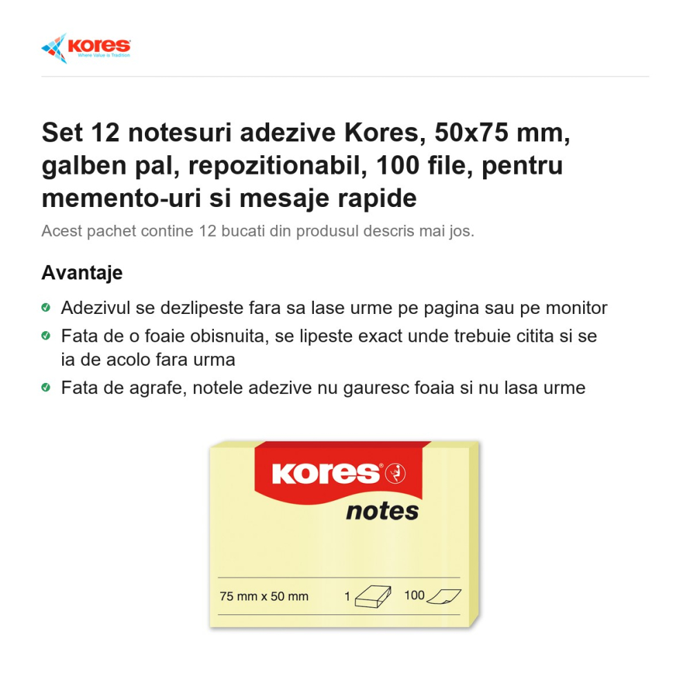 Set 12 notesuri adezive Kores, 50x75 mm, galben pal, repozitionabil, 100 file, pentru memento-uri si mesaje rapide [2]