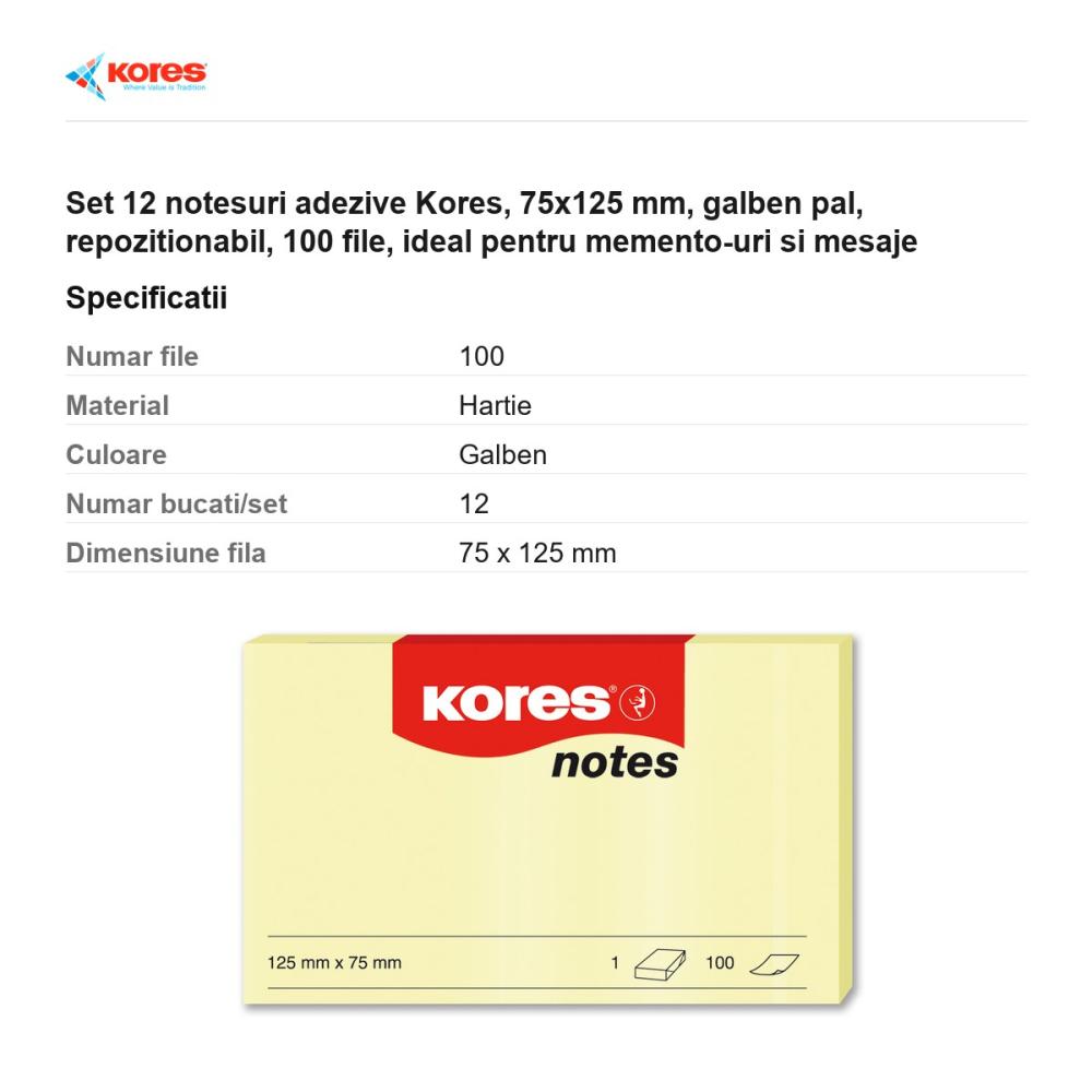 Set 12 notesuri adezive Kores, 75x125 mm, galben pal, repozitionabil, 100 file, ideal pentru memento-uri si mesaje [3]