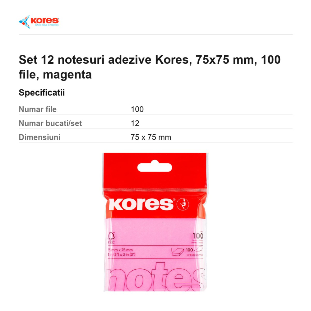 Set 12 notesuri adezive Kores, 75x75 mm, 100 file, magenta [3]