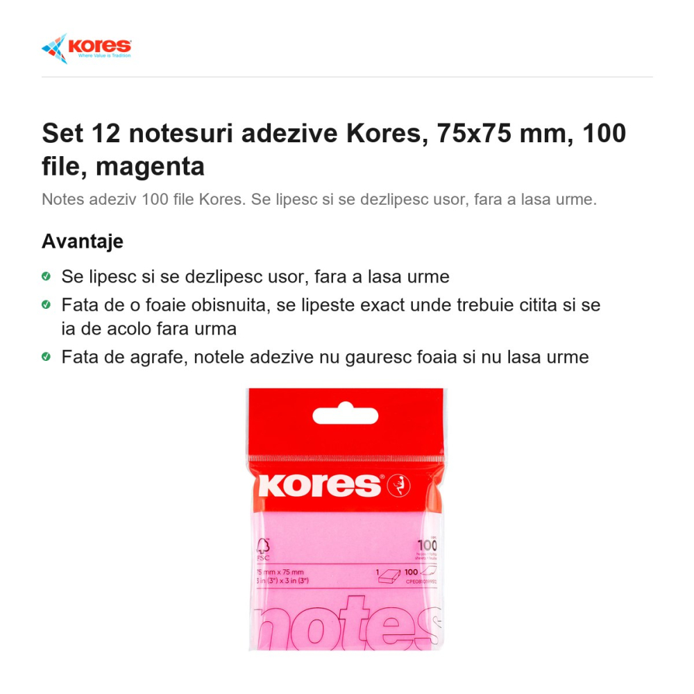Set 12 notesuri adezive Kores, 75x75 mm, 100 file, magenta [2]