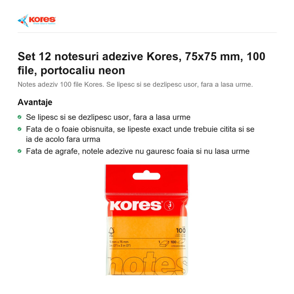 Set 12 notesuri adezive Kores, 75x75 mm, 100 file, portocaliu neon [2]