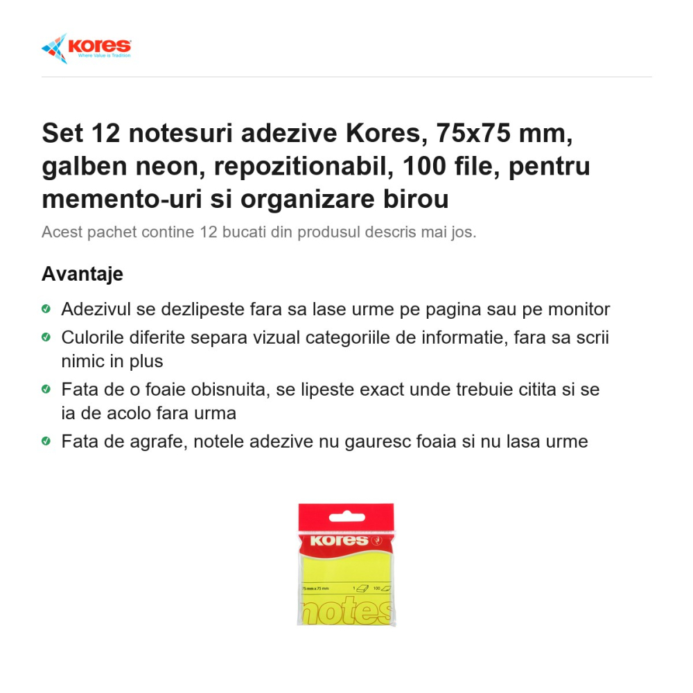 Set 12 notesuri adezive Kores, 75x75 mm, galben neon, repozitionabil, 100 file, pentru memento-uri si organizare birou [2]