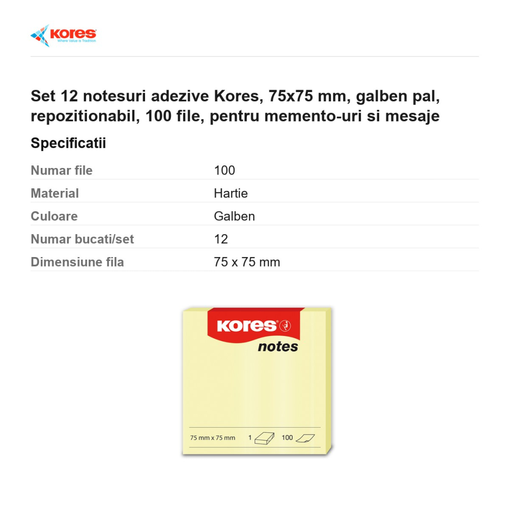 Set 12 notesuri adezive Kores, 75x75 mm, galben pal, repozitionabil, 100 file, pentru memento-uri si mesaje [3]