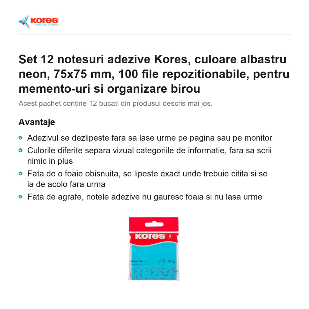 Set 12 notesuri adezive Kores, culoare albastru neon, 75x75 mm, 100 file repozitionabile, pentru memento-uri si organizare birou [2]